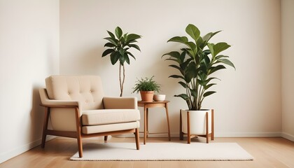 Fototapeta premium Una sala de estar minimalista con un sillón beige, una pequeña mesa auxiliar de madera y una maceta contra una pared blanca y lisa
