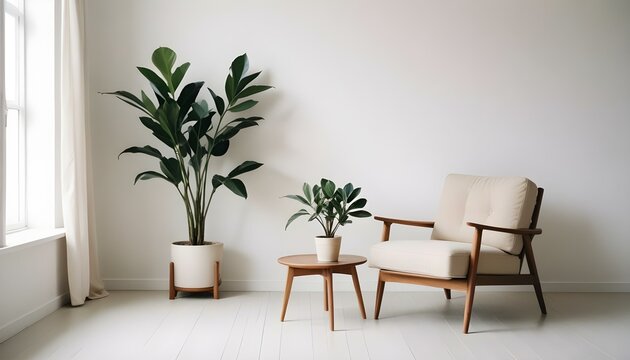 Una sala de estar minimalista con un sillón beige, una pequeña mesa auxiliar de madera y una maceta contra una pared blanca y lisa