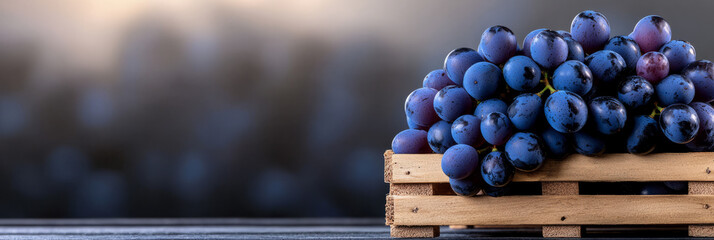 A minimalist scene showcasing freshly harvested grapes in a wooden crate, symbolizing the first step in the winemaking process,