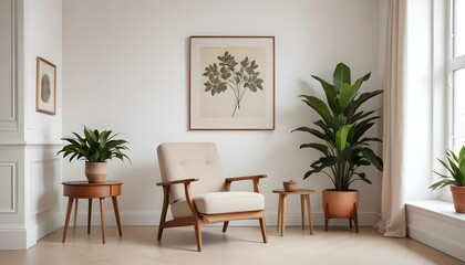 Una sala de estar minimalista con un sillón beige, una pequeña mesa auxiliar de madera y una maceta contra una pared blanca y lisa