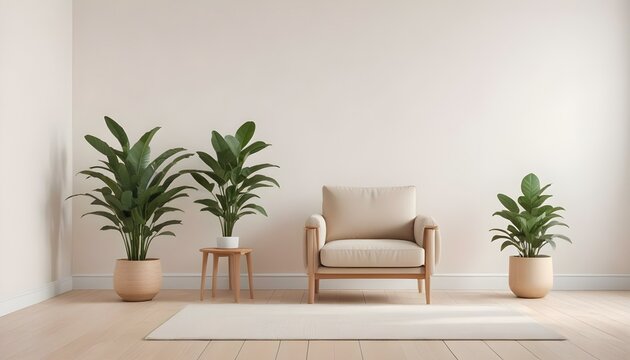 Una sala de estar minimalista con un sill&oacute;n beige, una peque&ntilde;a mesa auxiliar de madera y una maceta contra una pared blanca y lisa