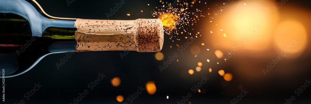 Poster a close-up photograph of a cork popping from a newly opened wine bottle, capturing the excitement an