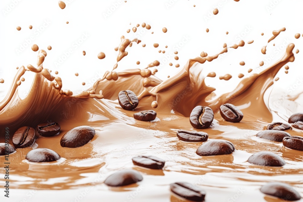 Poster Dynamic splash of brown liquid with coffee beans in motion creating an energetic visual effect