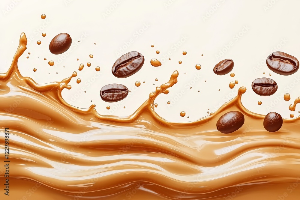 Poster coffee beans creating a dynamic splash in creamy liquid, showcasing rich textures and warm colors