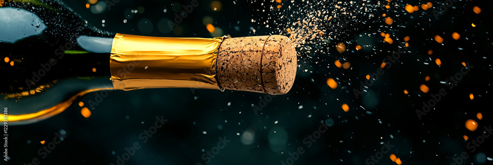 Poster a close-up photograph of a cork popping from a newly opened wine bottle, capturing the excitement an