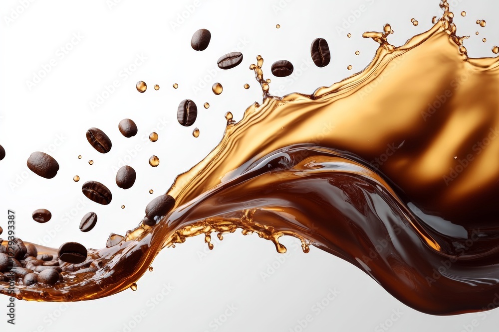 Poster Coffee splashing in dynamic waves with floating beans creating a vibrant visual effect