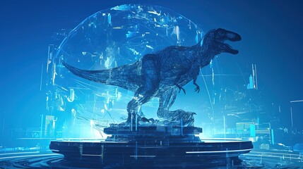 polygonal wireframe dinosaur retro futurism hologram, realized on abstract podium