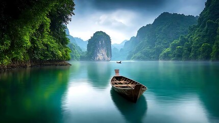Fototapeta premium A hidden paradise dam in Thailand, featuring turquoise waters surrounded by towering karst mountains, dense jungle vegetation, and traditional Thai long-tail boats gliding by. Ultra-Realistic, 