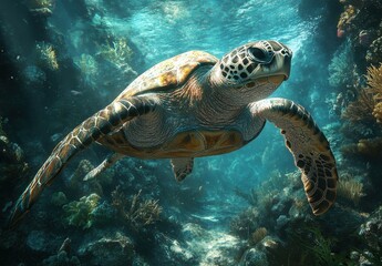 Fototapeta premium Majestic Sea Turtle Gliding Through Vibrant Coral Reef with Sunlight Filtering into Clear Blue Ocean Water