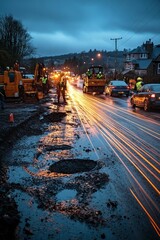 Obraz premium Night roadwork, damaged asphalt, light trails