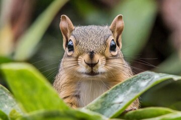 Obraz premium Squirrel gazing curiously among vibrant green leaves in a natural setting