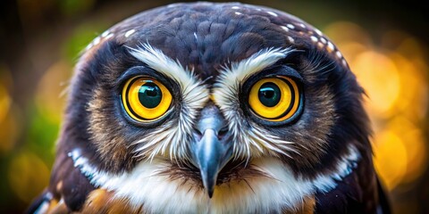Obraz premium Intricate close-up images reveal the captivating detail of a spectacled owl's feathers and gaze.