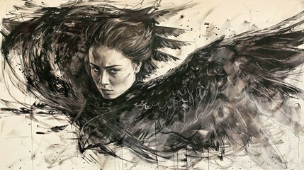 Fototapeta premium Abstract depiction of a flying woman with bird, united in a powerful movement, raven woman, cover design, AI generated, AI generated