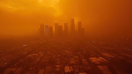 Fototapeta premium Skyscrapers shrouded in thick smog from wildfire smoke, orange haze covering the city 