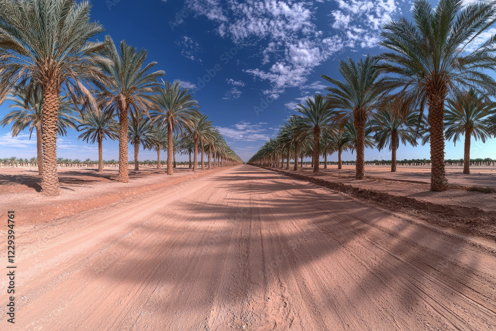 Aufkleber a mesmerizing panorama capturing a line of date palms around a sizable spring, illustrating the gran