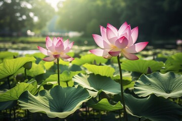 Beautiful Lotus flowers growing in pond. KI generiert, generiert, AI generated