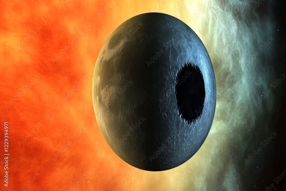 Poster stunning view of a dark planet against a vibrant cosmic background with a mix of colors illustrating