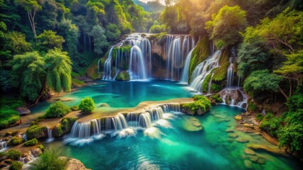 Fototapeta premium Turquoise pool, lush cliffside paradise: a waterfall's aerial double exposure dream.