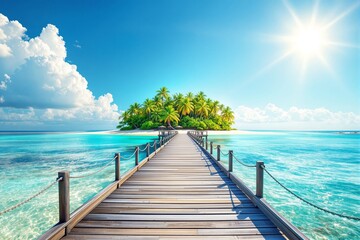 Obraz premium Wooden pier leading to a tropical island surrounded by turquoise water under a sunny sky. Vibrant colors and bright light. Concept of paradise. Ai generative