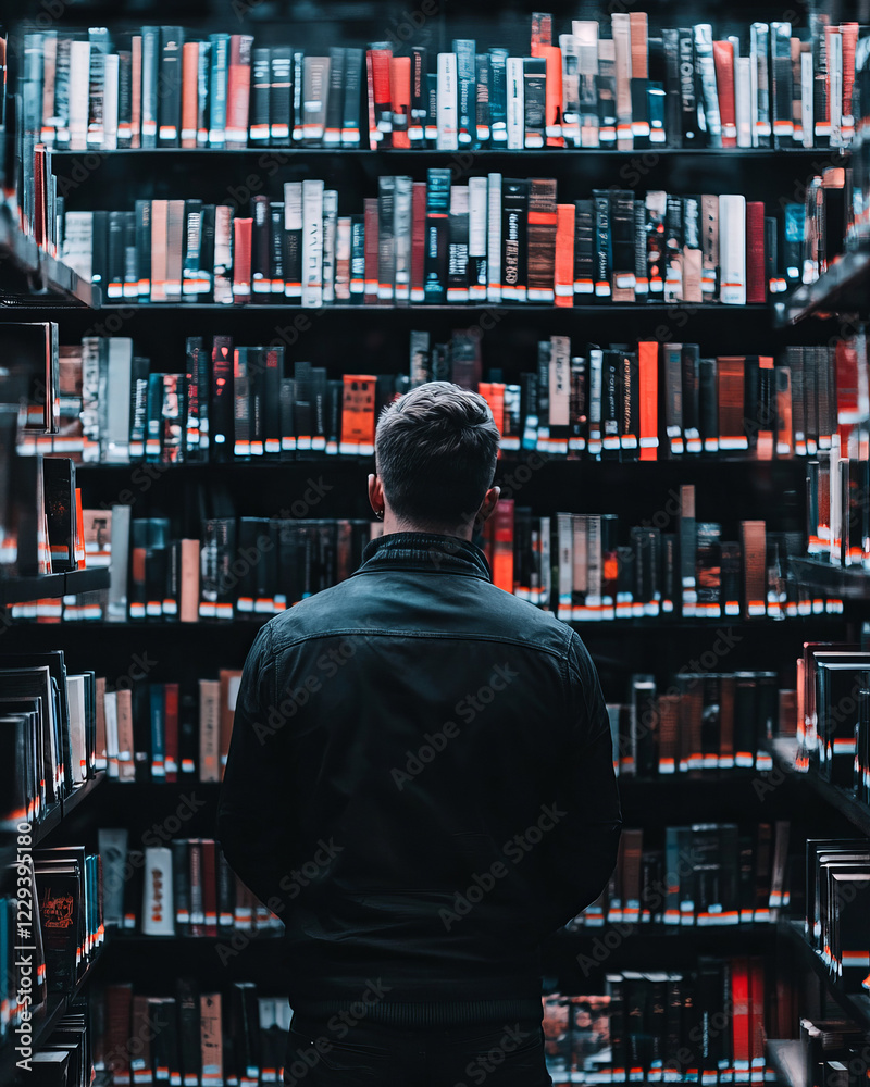 Poster a peaceful photograph of a solitary leader in a library setting, immersed in books and data, symboli