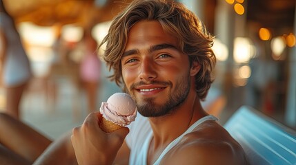 A young man with long blonde hair smiles while holding a cone of pink ice cream.