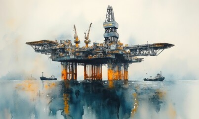 Imposing offshore oil rig, calm ocean, watercolor style.