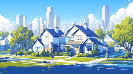Suburban landscape with houses on street with yards and trees, driveway against silhouette of city high-rise buildings. futuristic city skyline illustration 