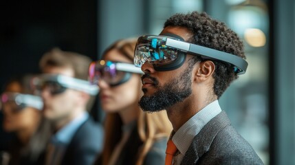 A diverse group of professionals is captivated by an augmented reality presentation in a sleek conference room. Wearing high-tech glasses, they engage with innovative visuals, enhancing their skills
