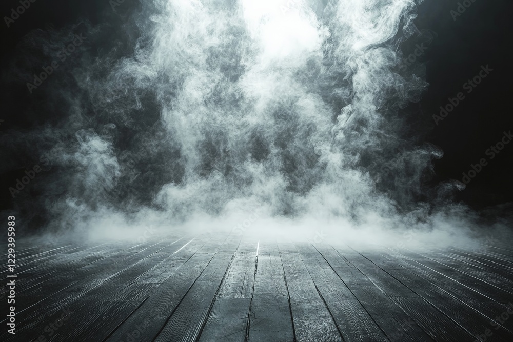 Poster mist drifts across a wooden floor creating a mysterious atmosphere in a dimly lit space