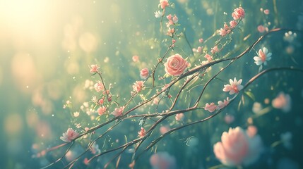 Tendrils of soft green plants curling up, Beautiful pink Roses background. Focus increases close range