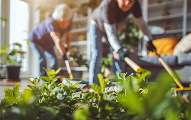 Senior roommates sweeping the floor together. Non ownership, collective, cooperative rent, collaborative, sustainable, resource sharing, communal use, non possessive, living crisis, coliving concept