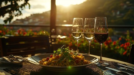 Enjoy a mouthwatering plate of gourmet pasta, artfully garnished, alongside elegant glasses of red and white wine. The golden sunset creates a romantic backdrop, enhancing the dining experience