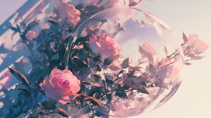 Tendrils of soft green plants curling up, Beautiful pink Roses background. Focus increases close range