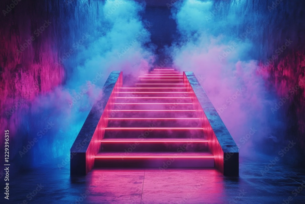 Poster stairs illuminated by vibrant pink and blue lights create a stunning visual effect in a misty enviro