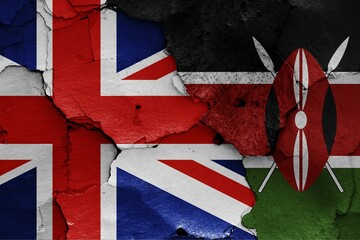 Fototapeta premium Flags of UK and Kenya painted on cracked wall
