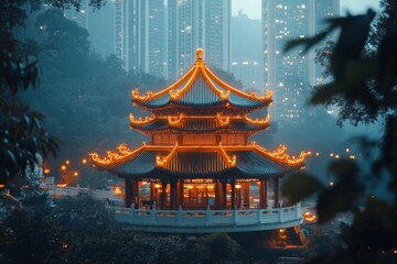 Fototapeta premium Elegant Chinese pavilion illuminated at dusk amidst modern city skyline