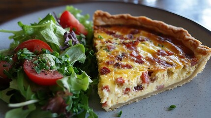 A fluffy slice of quiche Lorraine, with bacon and cheese, served with a simple side salad.