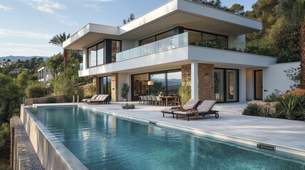 Fototapeta premium Mediterranean modernist style villa with infinity pool. Minimalist architecture in a Mediterranean setting. AI generated, AI generated