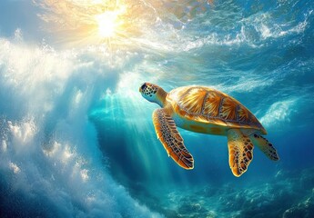 Obraz premium Majestic Sea Turtle Gracefully Swimming Through Crystal Clear Ocean Waves Under Bright Sunlight