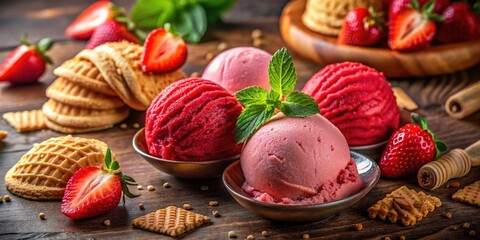 Long exposure photography showcases luscious strawberry ice cream biscuits.  A creamy dessert delight.