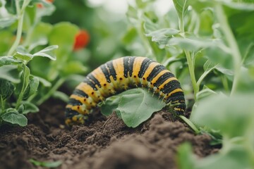 Naklejka premium Colorful caterpillar crawling among lush green plants in a garden during daylight