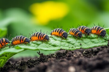 Fototapeta premium Caterpillars crawl along a green leaf in a vibrant garden during a sunny spring day