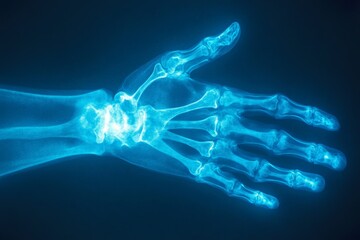 X-ray of a human hand showcasing bone structure and joint details in a clear blue hue
