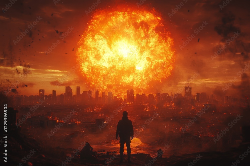 Poster explosive event lights up city skyline during apocalyptic atmosphere at dusk