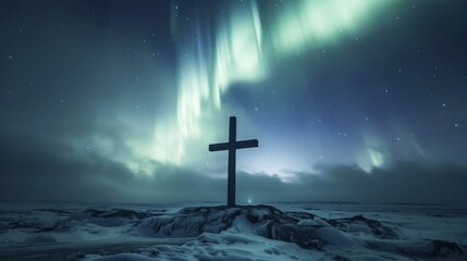 Naklejka premium Snow-covered landscape with a cross beneath a glowing aurora borealis and starry sky, AI generated