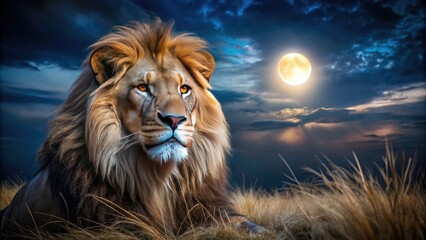 Naklejka premium Low-light photography captures a powerful African night lion, a wild cat's majesty unveiled in the dark savannah.