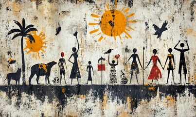 a vibrant and colorful abstract artwork depicting a group of people with stick figures and sun symbols, showcasing a diverse and connected community. This piece exudes a sense of joy, peace and unity.