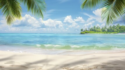 Imaginatively staged sandy beach with palm trees. The landscape has a tropical character, such as in the Caribbean. AI generated, AI generated, AI generated