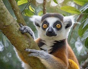Obraz premium AI generated, animal, animals, mammal, mammals, biotope, habitat, one, individual, foraging, wildlife, ring-tailed lemur (Lemur catta), Madagascar, primates, prosimians, red-brown, red-brown, lemurs, Africa