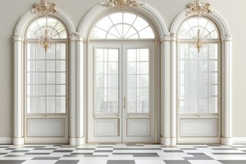 Obraz premium Elegant interior design featuring arched windows and classic architecture in a spacious room